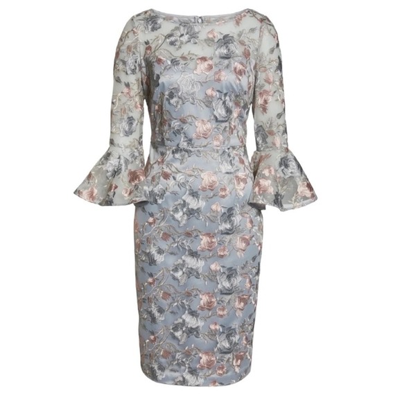 Eliza J Floral Embroidered Sheath Dress 2 Gray Pink  Bell Sleeves Floral Womens - Picture 1 of 13